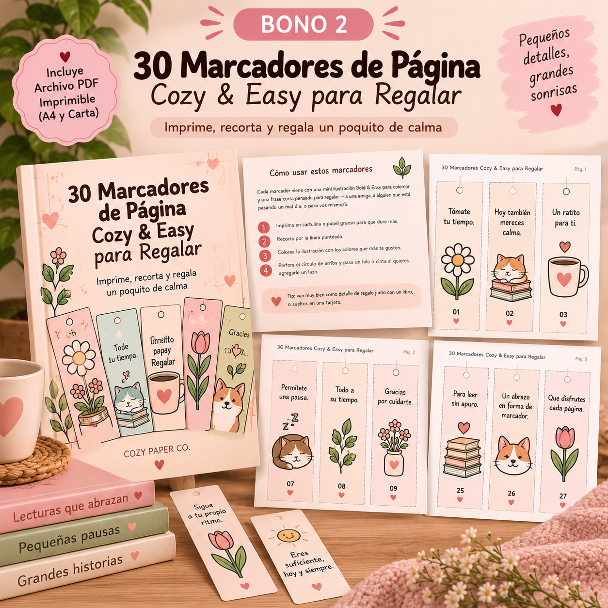 Mockup del bono 30 Marcadores de Página Cozy & Easy para Regalar