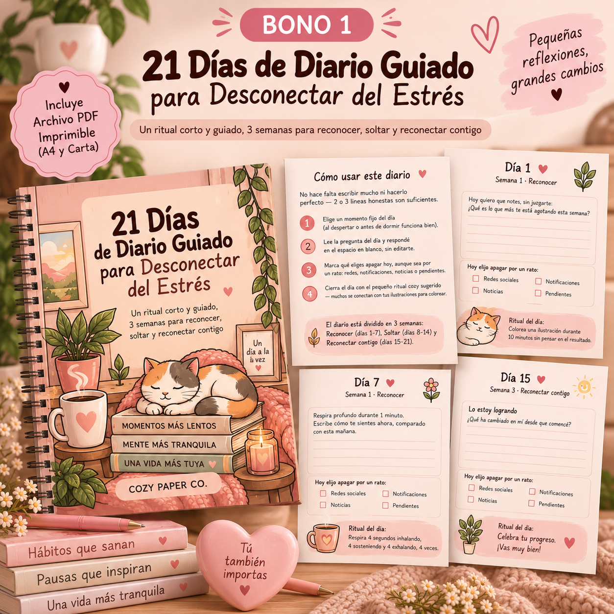 Mockup del bono Diario de 21 días para desconectar del estrés