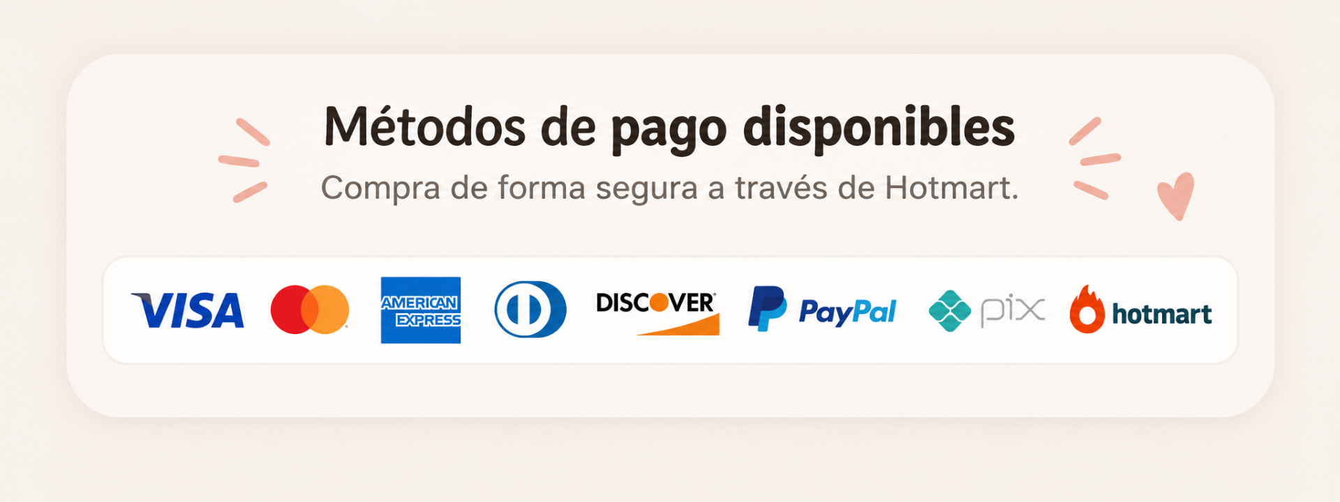 Métodos de pago disponibles: Visa, Mastercard, American Express, Diners Club, Discover, PayPal, Pix y Hotmart