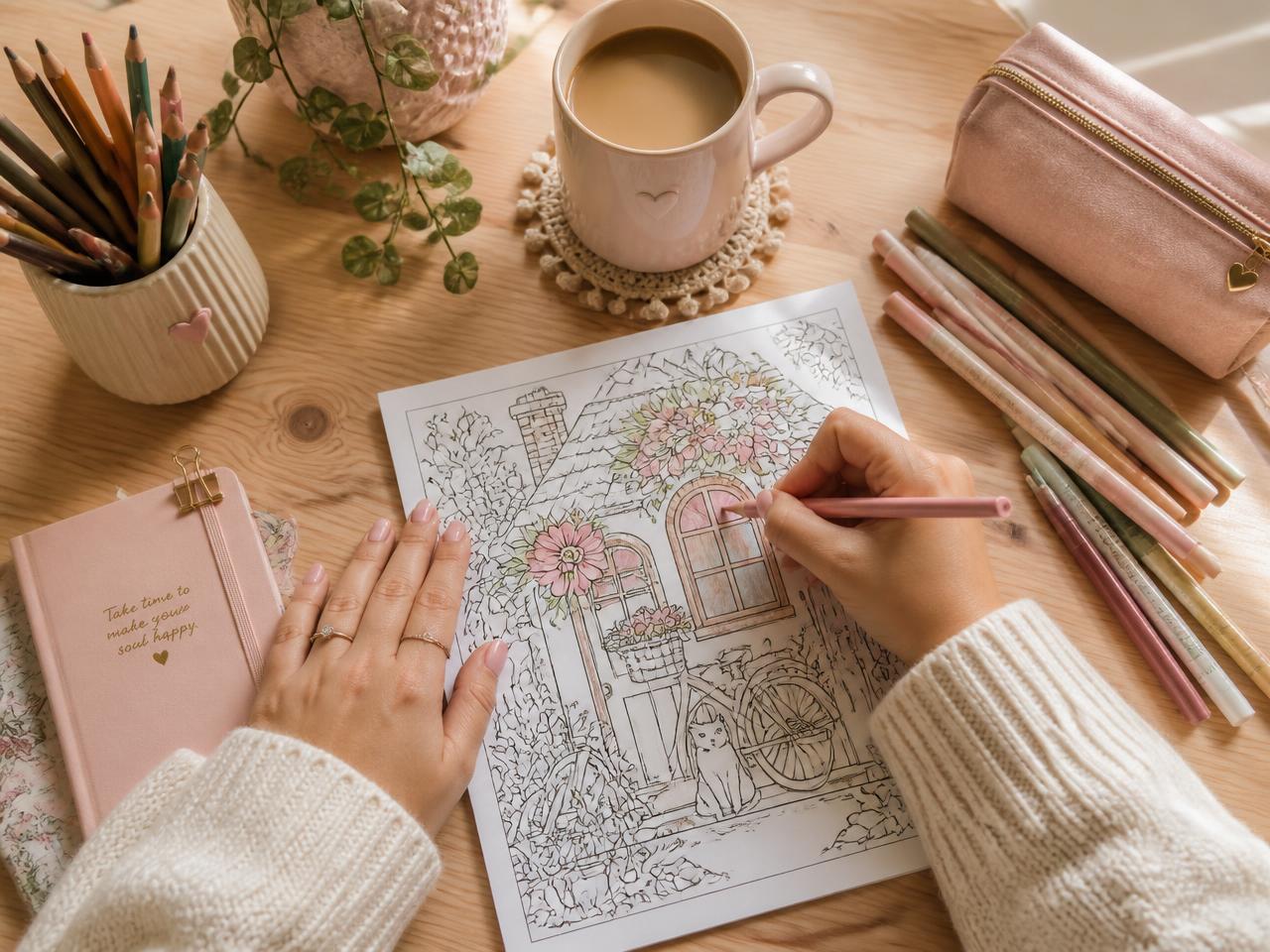 Manos coloreando una ilustración impresa sobre una mesa con lápices, marcadores y una taza de café